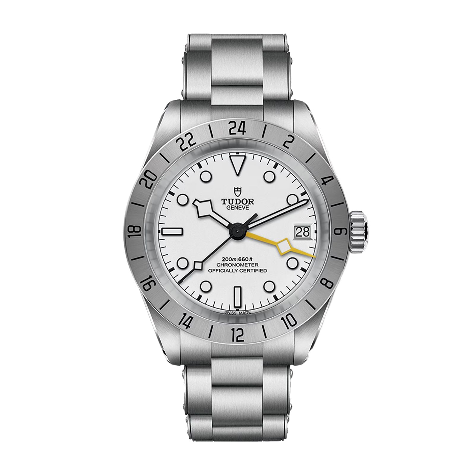 A TUDOR Black Bay Pro wristwatch with a white dial, date display, and silver bracelet shown on a white background.