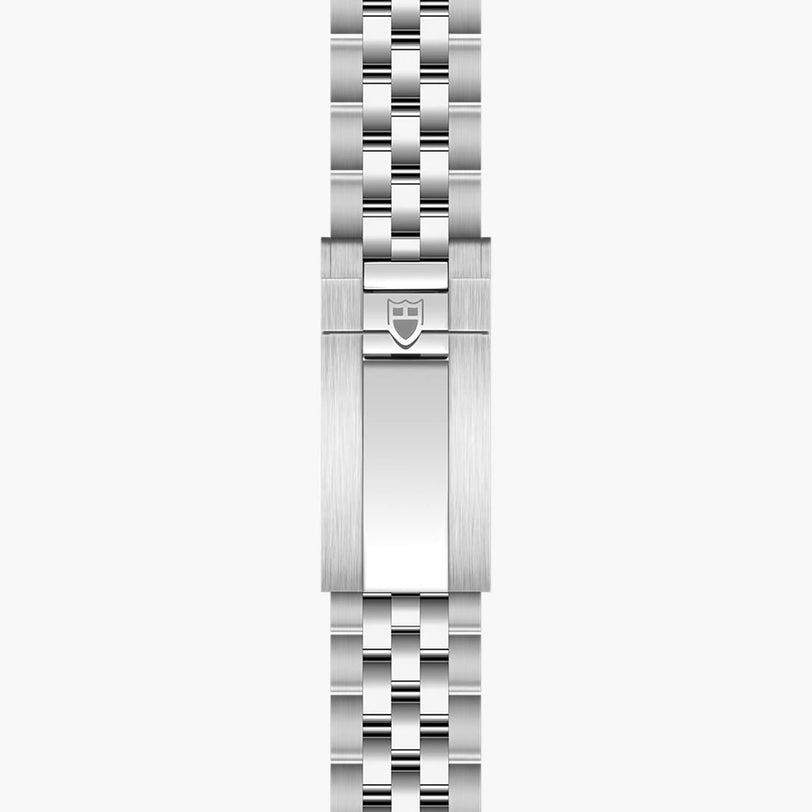 The TUDOR Black Bay Chrono features a stainless steel bracelet with a folding clasp and shield emblem, displayed on a white background.