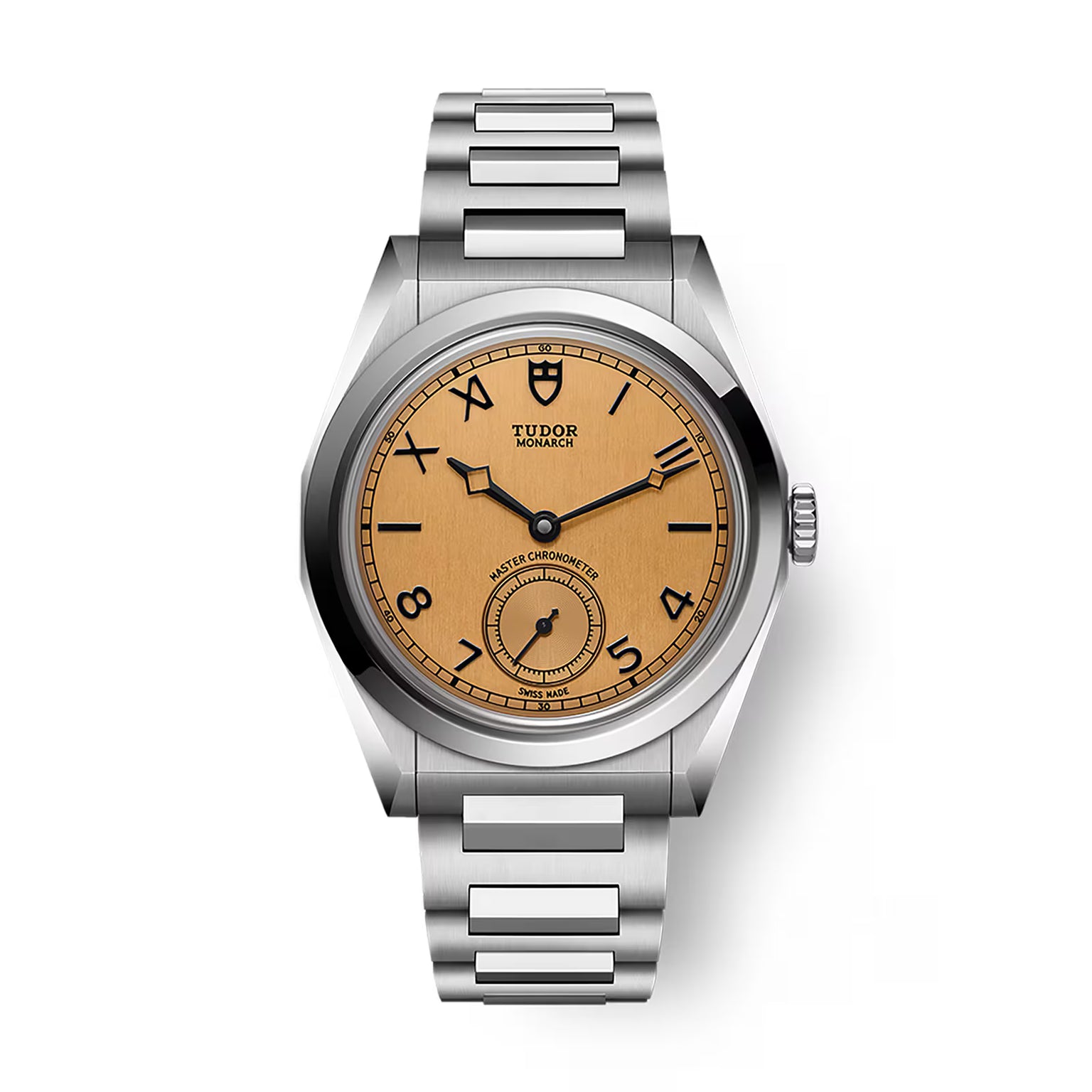 Stainless steel watch with champagne dial, Arabic numerals, subsidiary seconds dial, and metal bracelet.