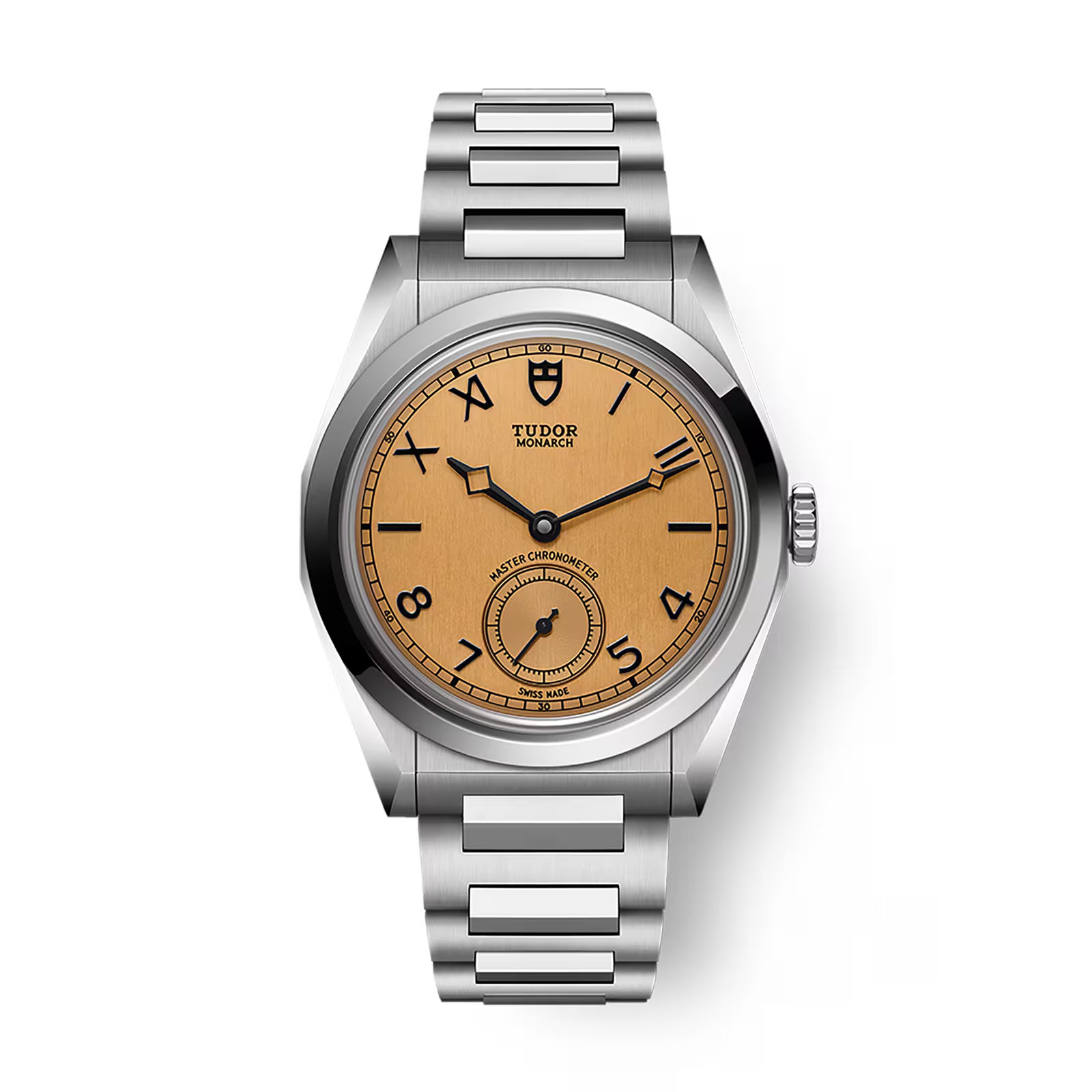 Stainless steel watch with champagne dial, Arabic numerals, subsidiary seconds dial, and metal bracelet.