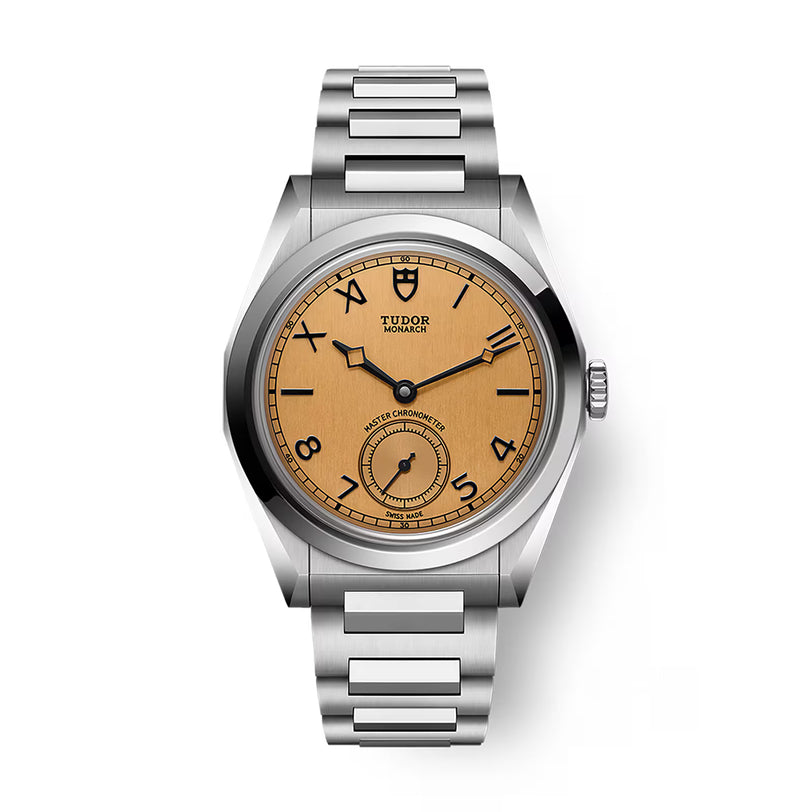 Stainless steel watch with champagne dial, Arabic numerals, subsidiary seconds dial, and metal bracelet.