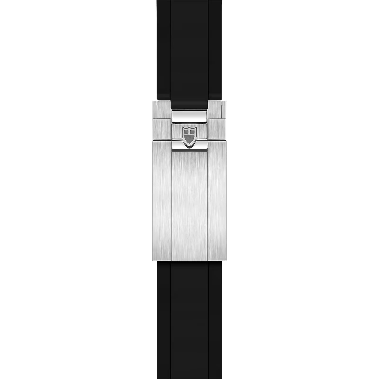 Silver-tone watch case with brushed finish and shield logo on black rubber strap.