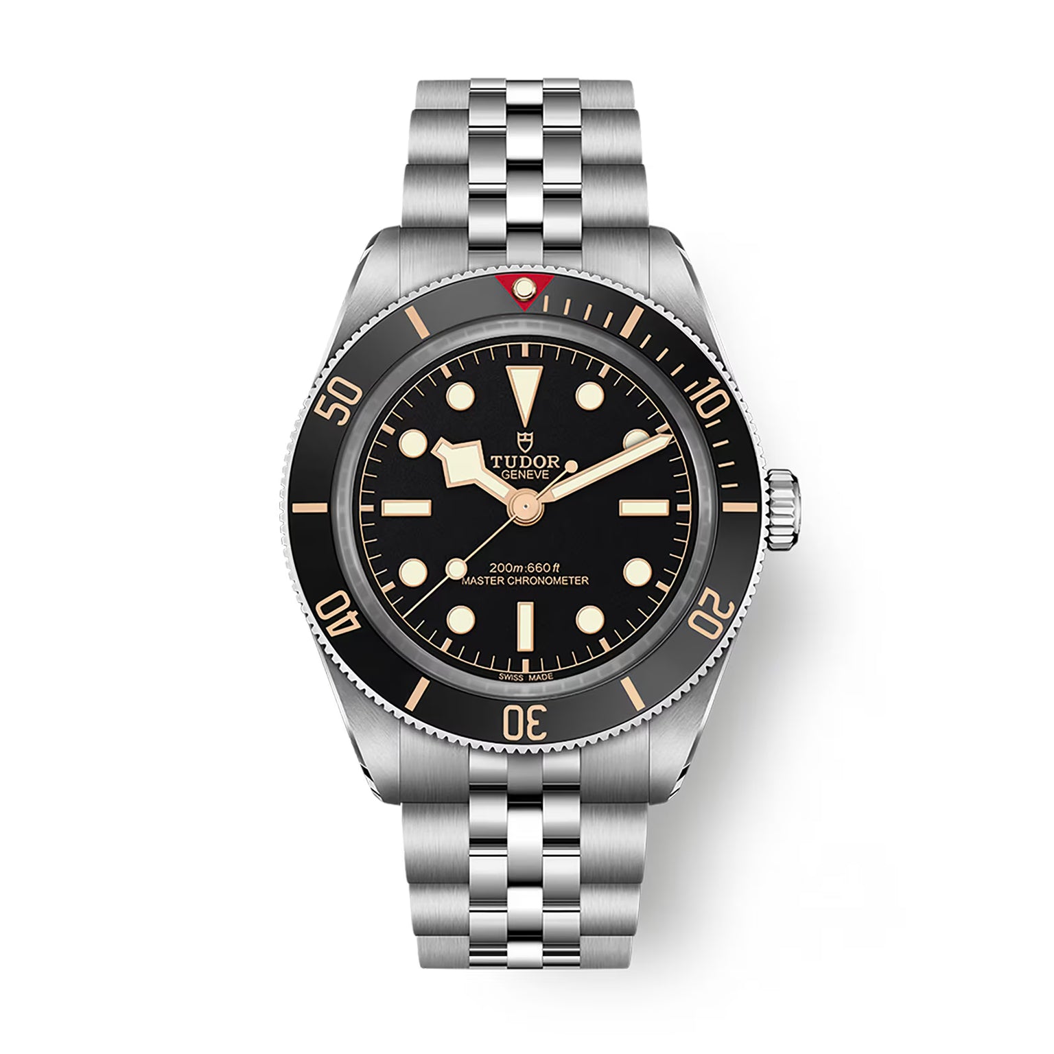 Tudor Black Bay 58 watch with stainless steel bracelet, black dial, gold hands and indices, and black rotating bezel.