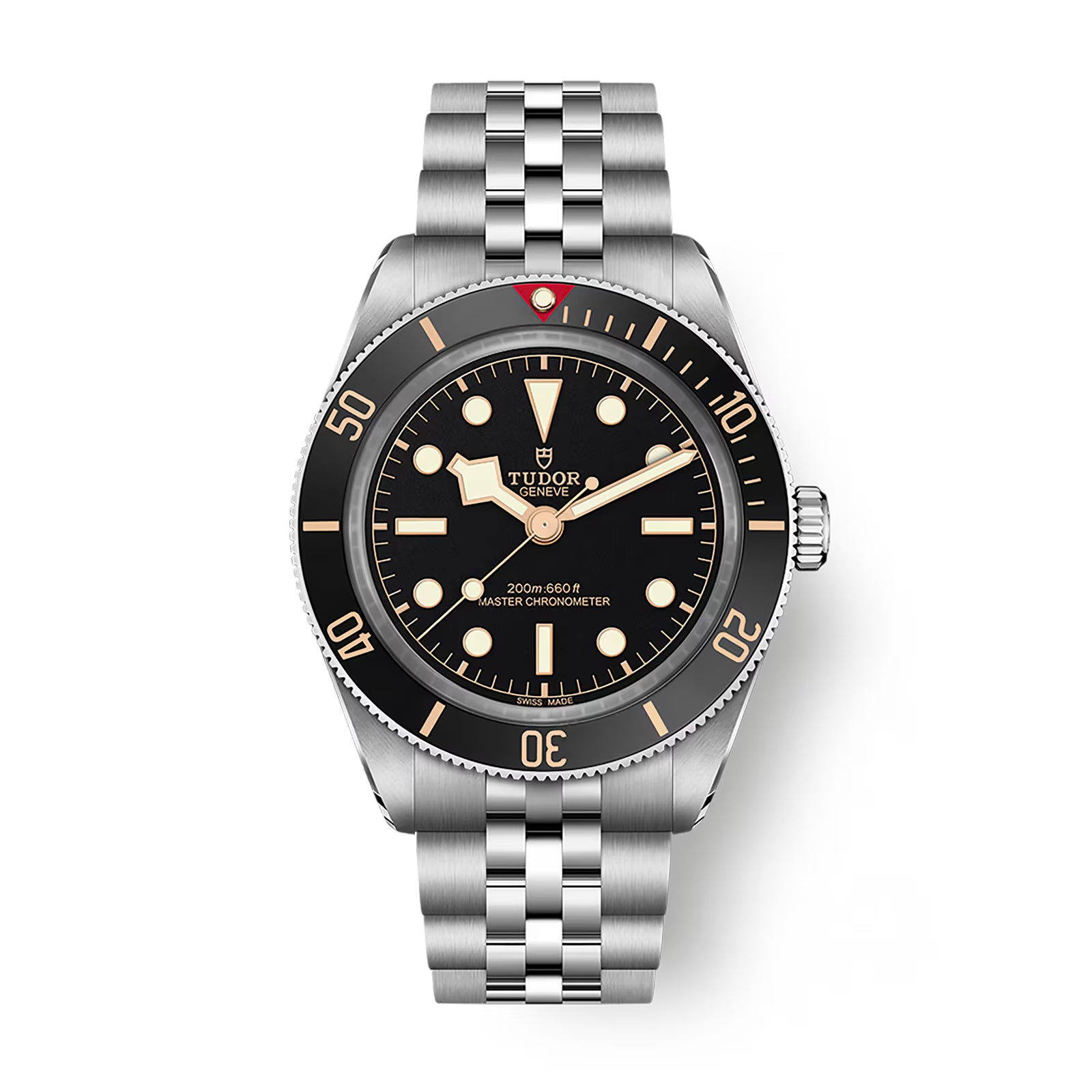 Tudor Black Bay 58 watch with stainless steel bracelet, black dial, gold hands and indices, and black rotating bezel.