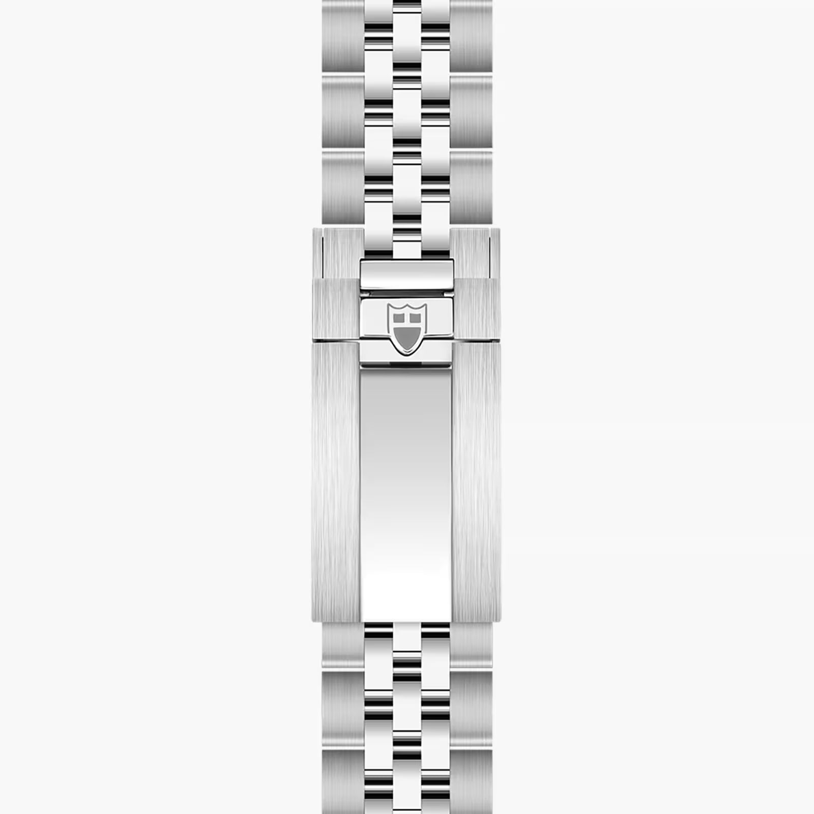 Two-tone stainless steel watch bracelet with alternating brushed and polished links and shield-engraved clasp.