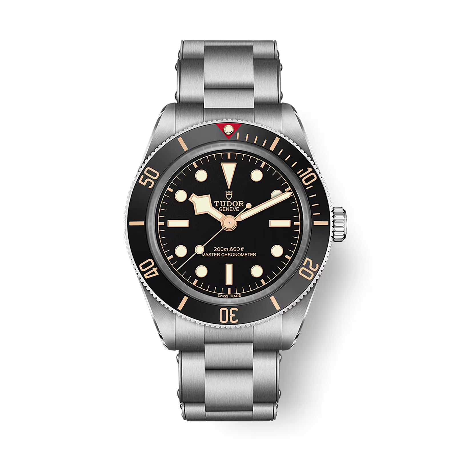 Tudor Black Bay 58 watch with stainless steel bracelet, black dial, and bezel with applied indices.