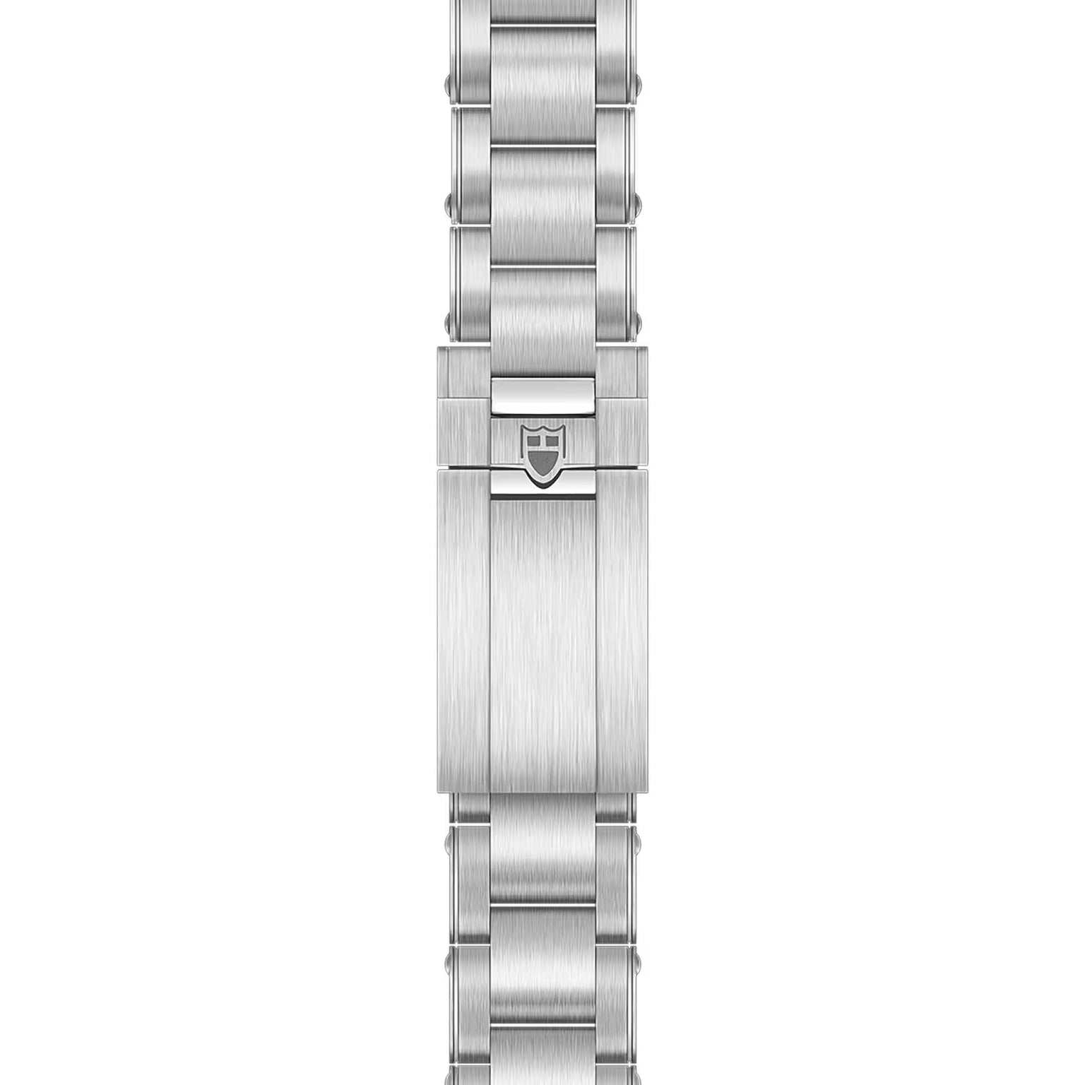 Stainless steel watch bracelet with brushed finish, three-link design, and branded clasp.