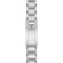 Stainless steel watch bracelet with brushed finish, three-link design, and branded clasp.