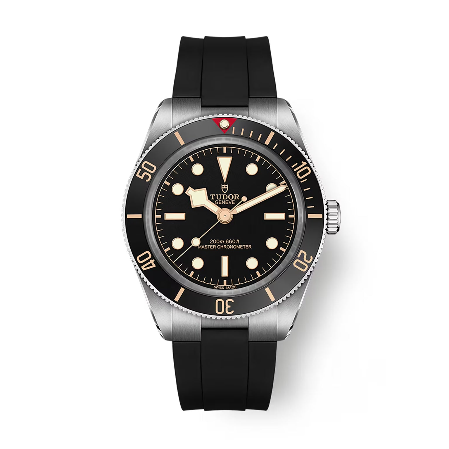 Tudor Black Bay 58 watch with brushed steel case, black dial, luminous hour markers, and black rubber strap.