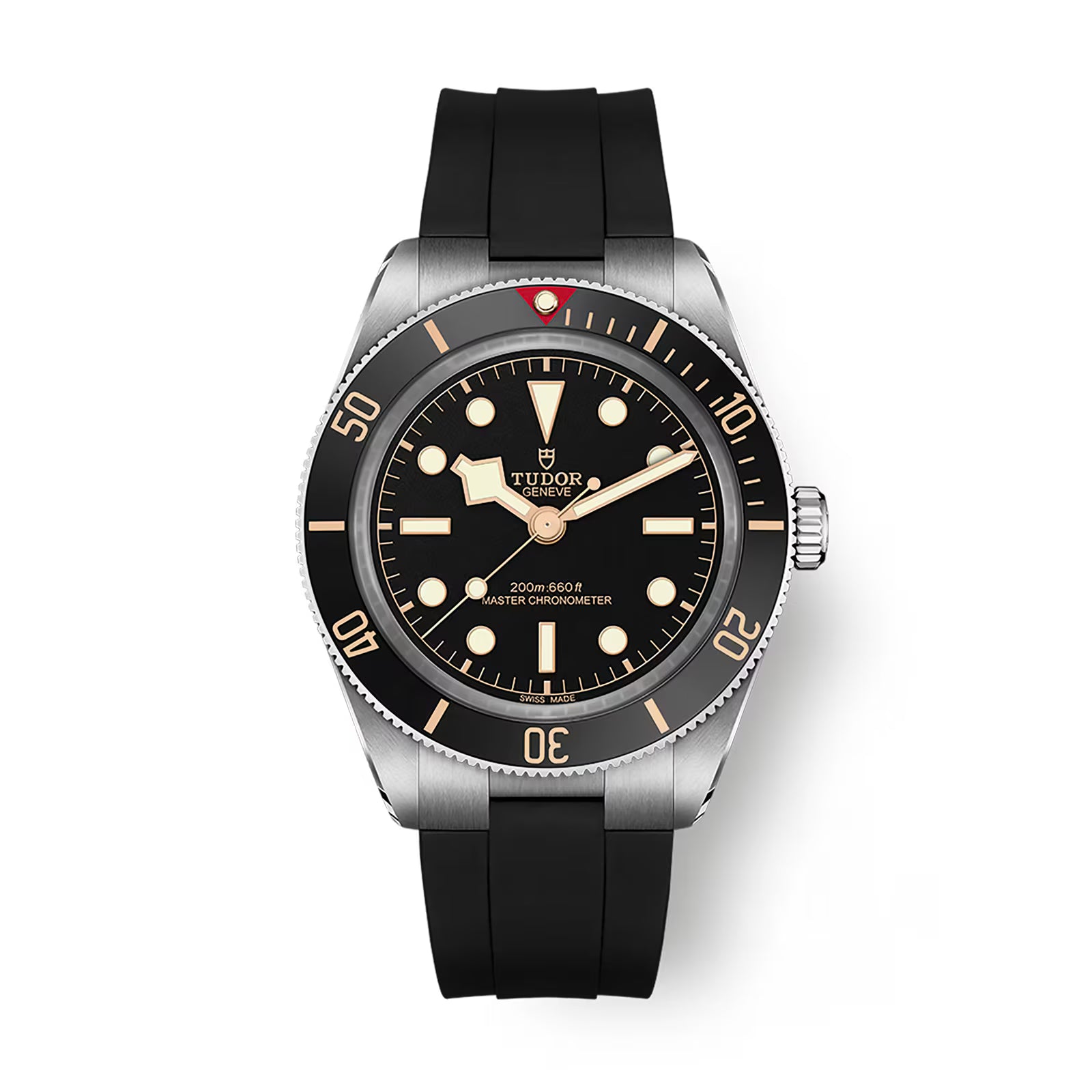 Tudor Black Bay 58 watch with brushed steel case, black dial, luminous hour markers, and black rubber strap.