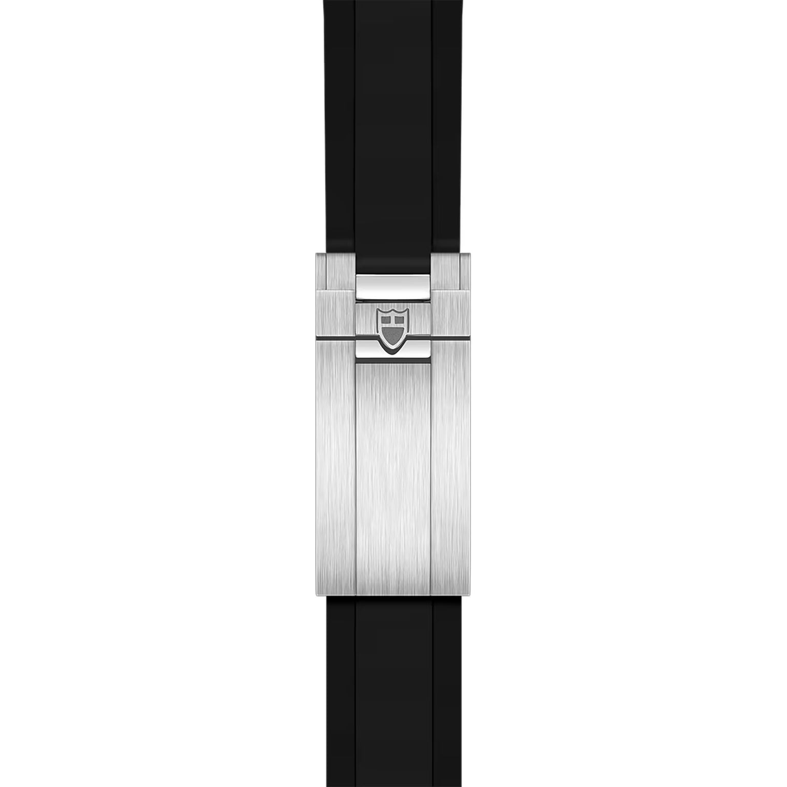 Stainless steel watch case with brushed finish and shield logo on black rubber strap.