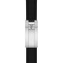 Stainless steel watch case with brushed finish and shield logo on black rubber strap.