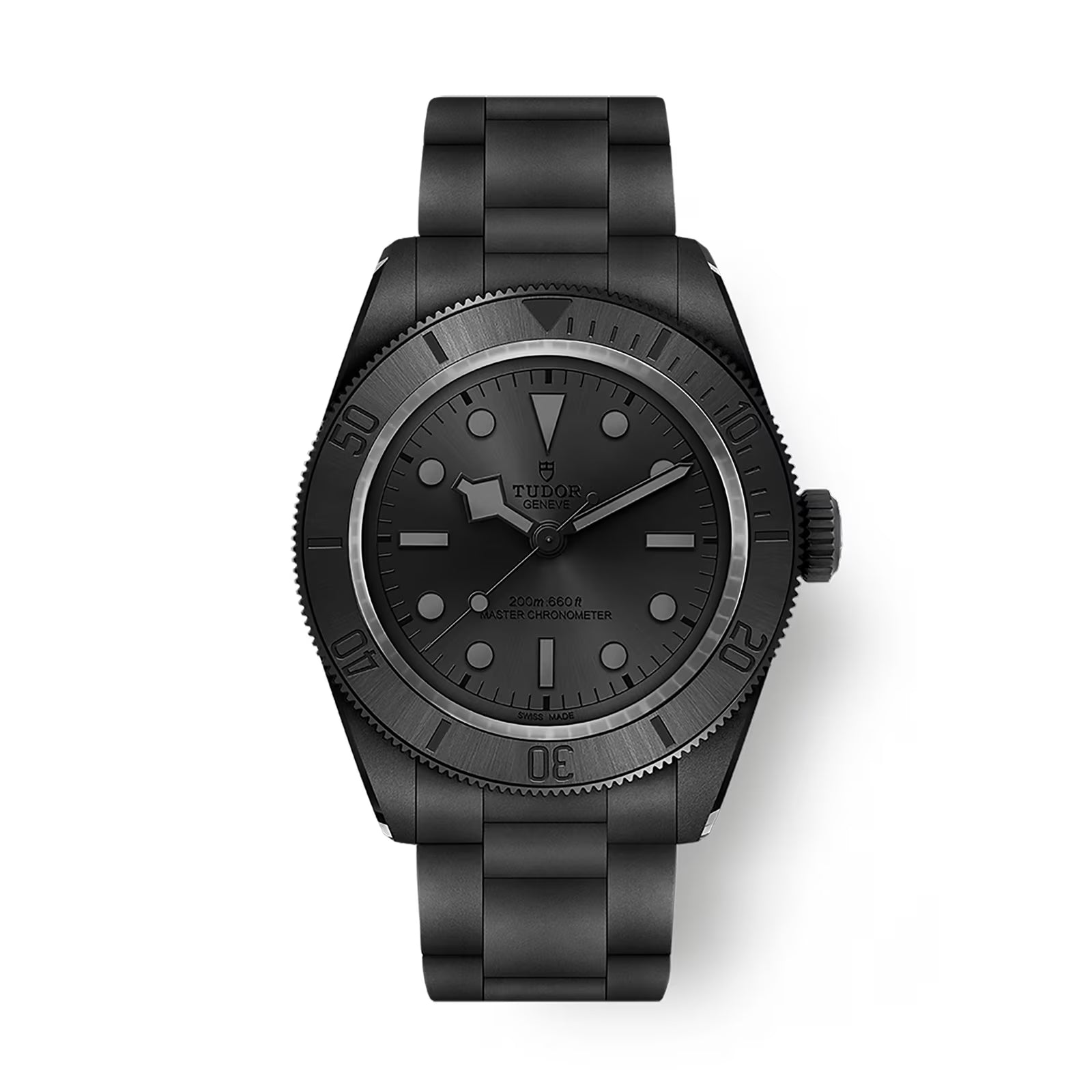 Black diving watch with ceramic bezel, black dial, luminous markers, and matching black metal bracelet.
