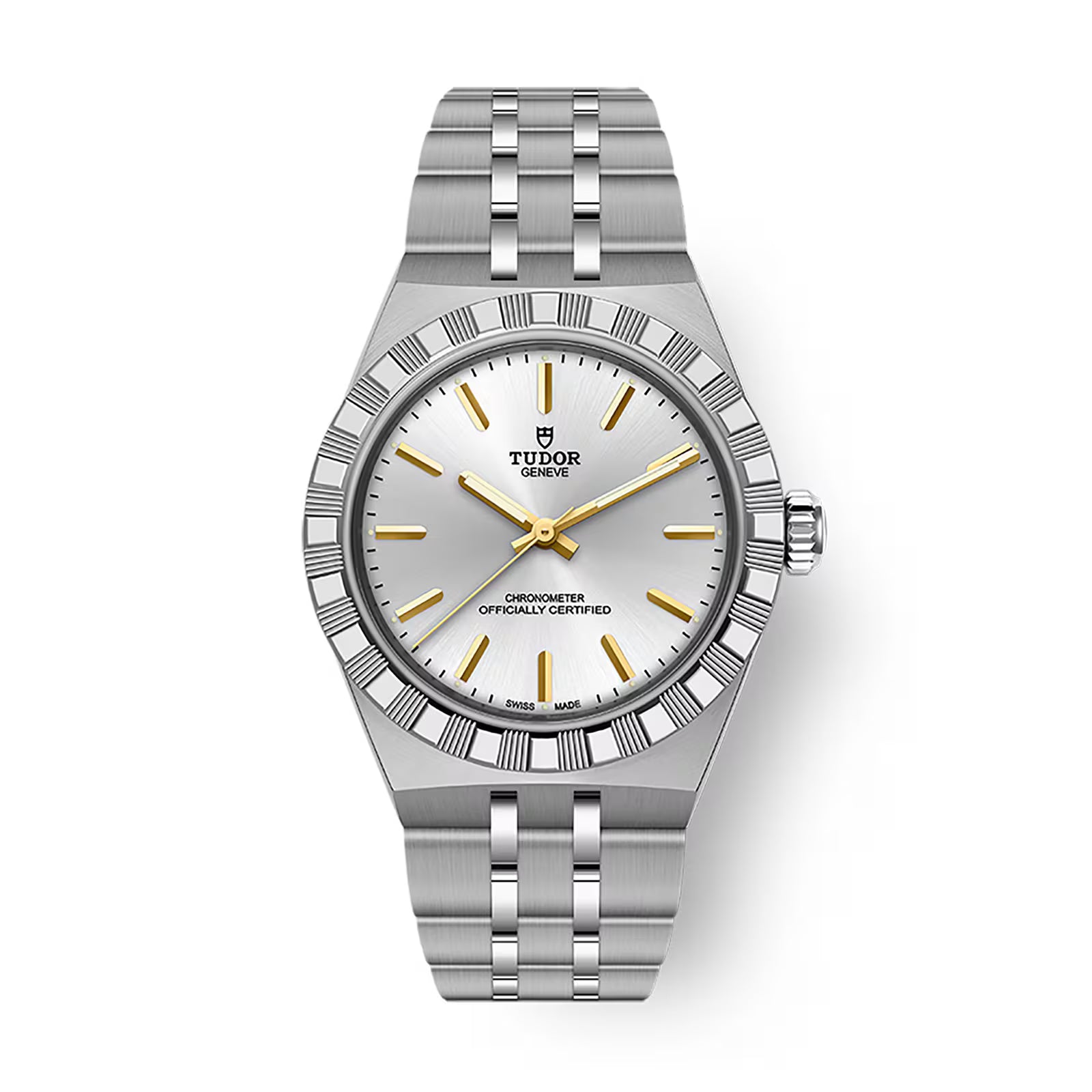 Stainless steel TUDOR Royal watch with silver dial, gold hour markers, and matching metal bracelet.