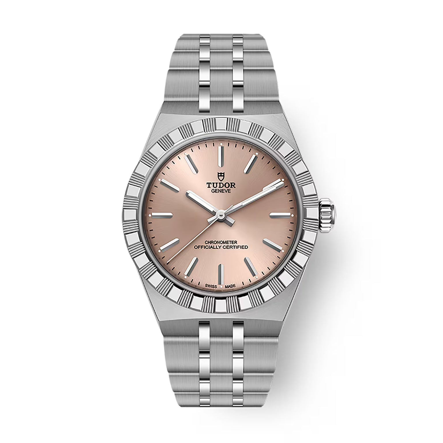 Stainless steel watch with rose-gold dial, textured bezel, applied indices, and three-link bracelet.