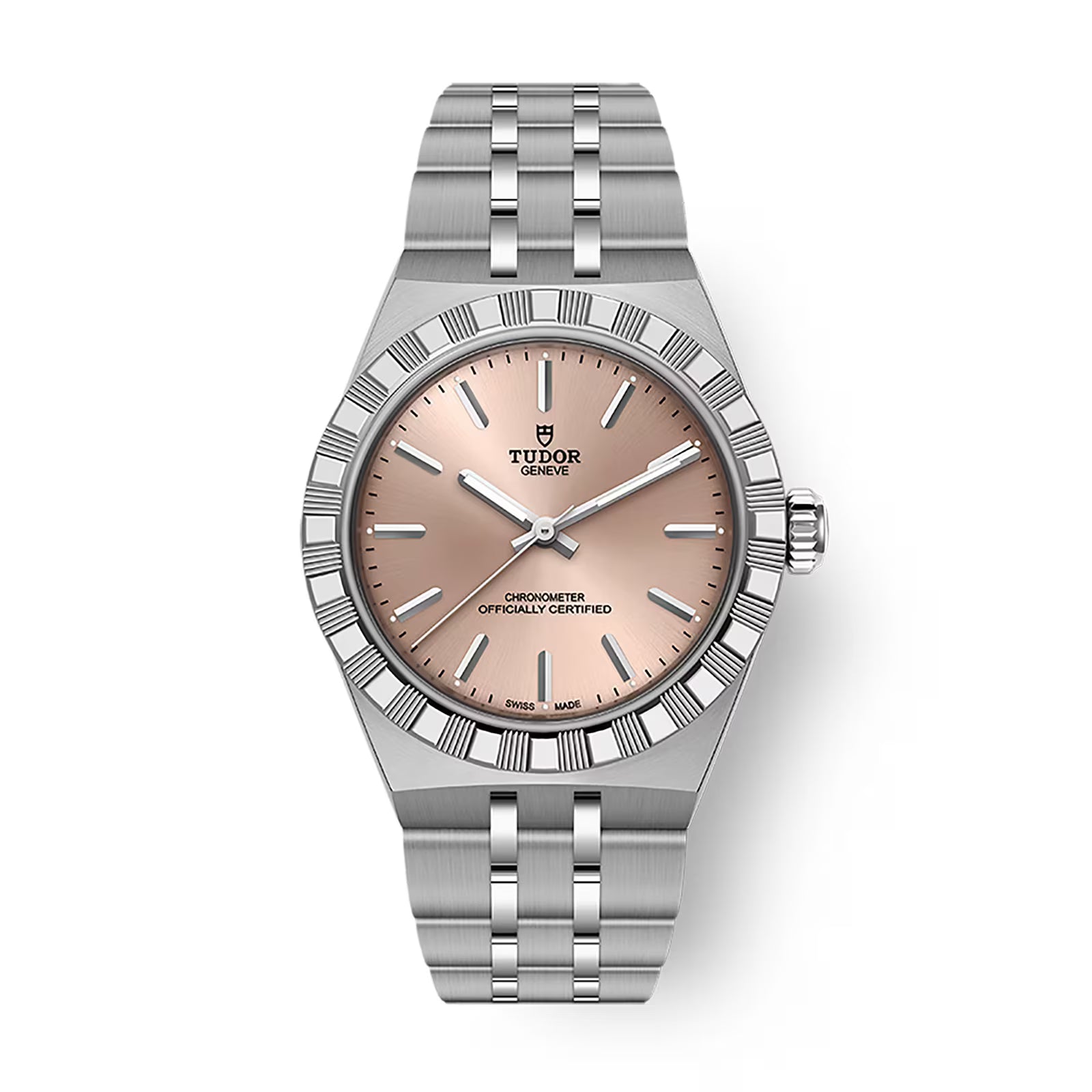 Stainless steel watch with rose-gold dial, textured bezel, applied indices, and three-link bracelet.