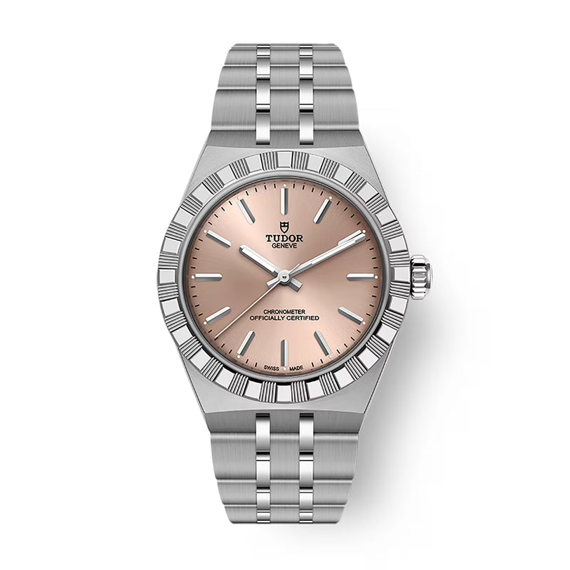 Stainless steel watch with rose-gold dial, textured bezel, applied indices, and three-link bracelet.