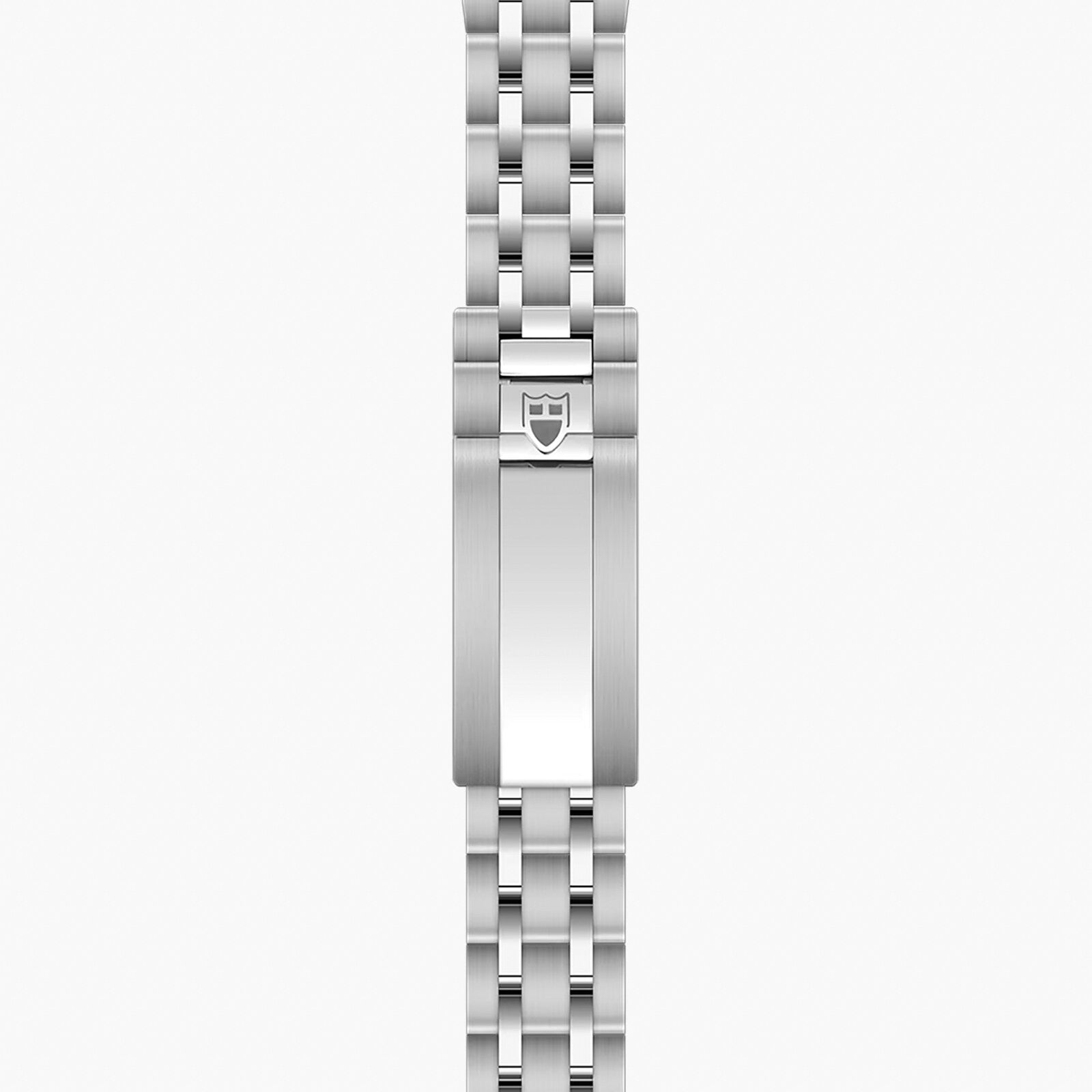 Stainless steel watch bracelet with linked segments and shield logo clasp.