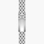 Stainless steel watch bracelet with linked segments and shield logo clasp.