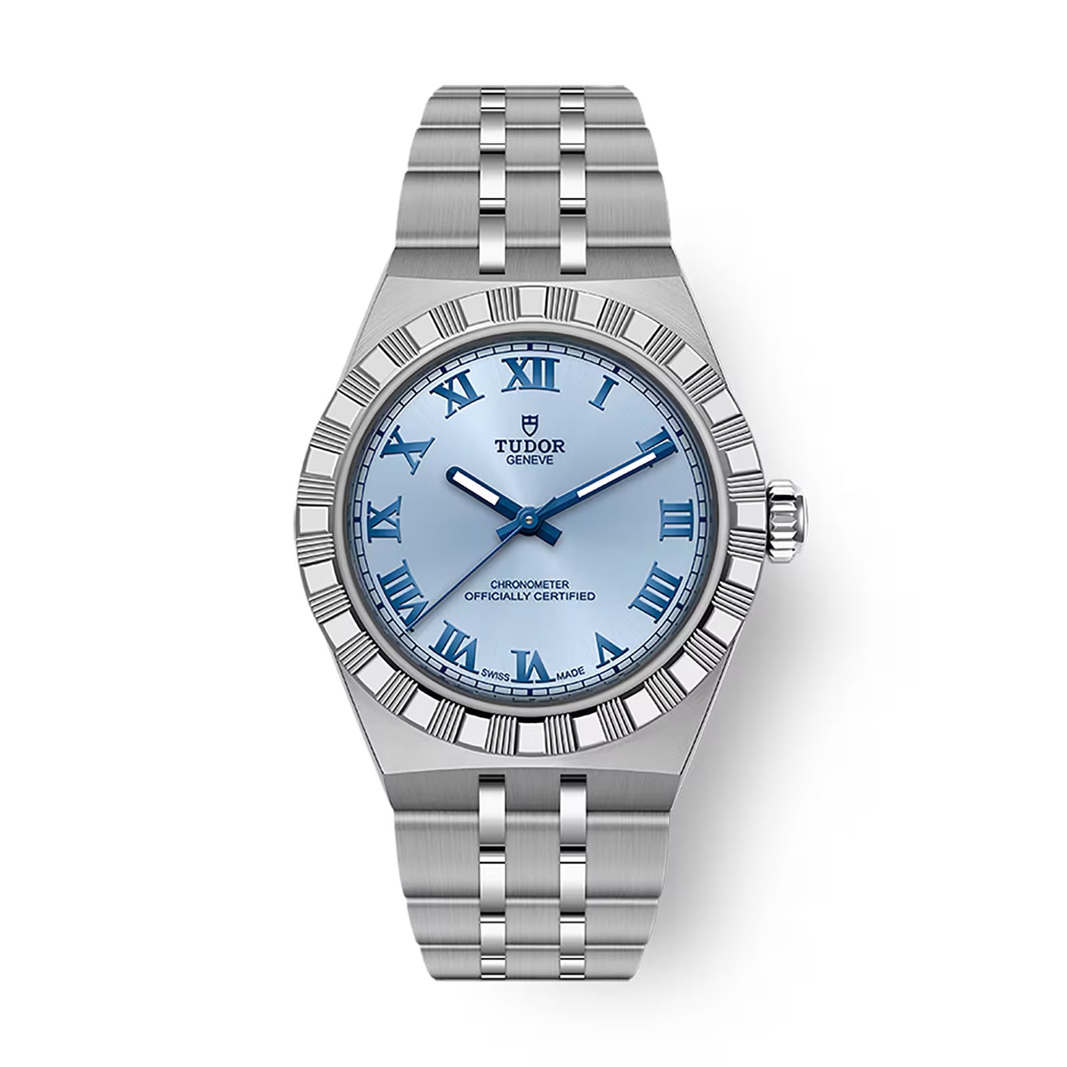 Stainless steel watch with light blue dial, Roman numerals, blue hands, and textured bezel.