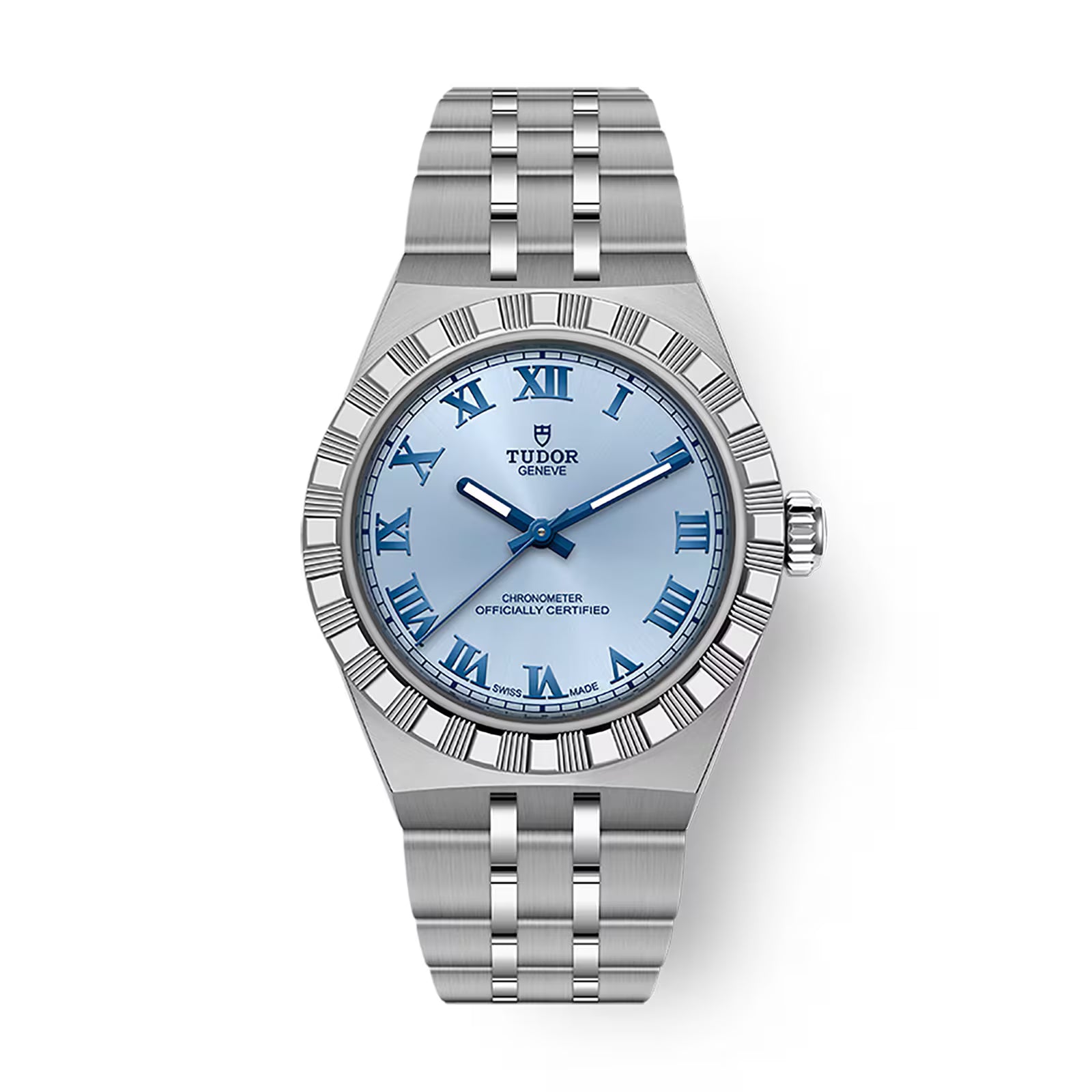 Stainless steel watch with light blue dial, Roman numerals, blue hands, and textured bezel.