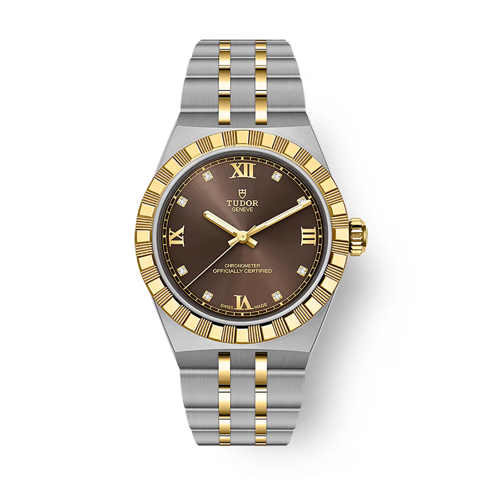 Tudor Royal watch with two-tone stainless steel and gold bracelet, dark dial with Roman numerals and diamond indices.