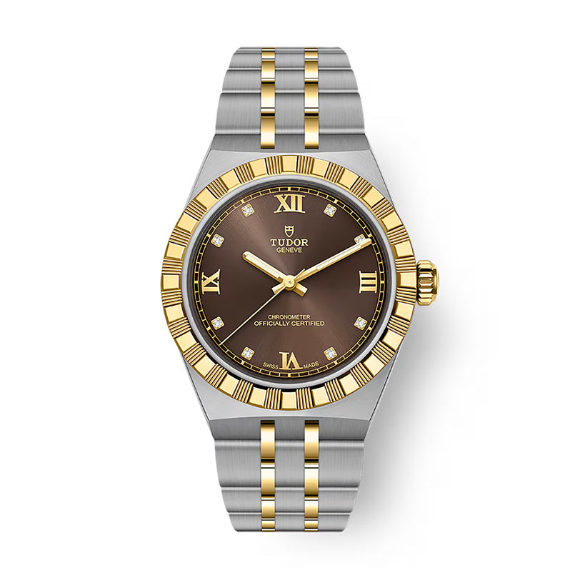Tudor Royal watch with two-tone stainless steel and gold bracelet, dark dial with Roman numerals and diamond indices.