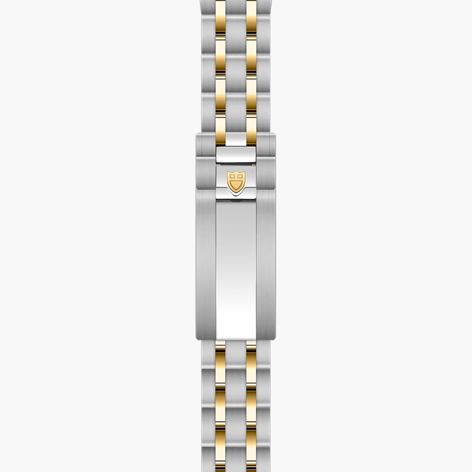 Two-tone stainless steel and gold watch bracelet with shield logo clasp.