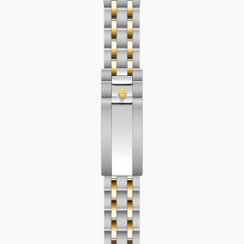 Two-tone stainless steel and gold watch bracelet with shield logo clasp.
