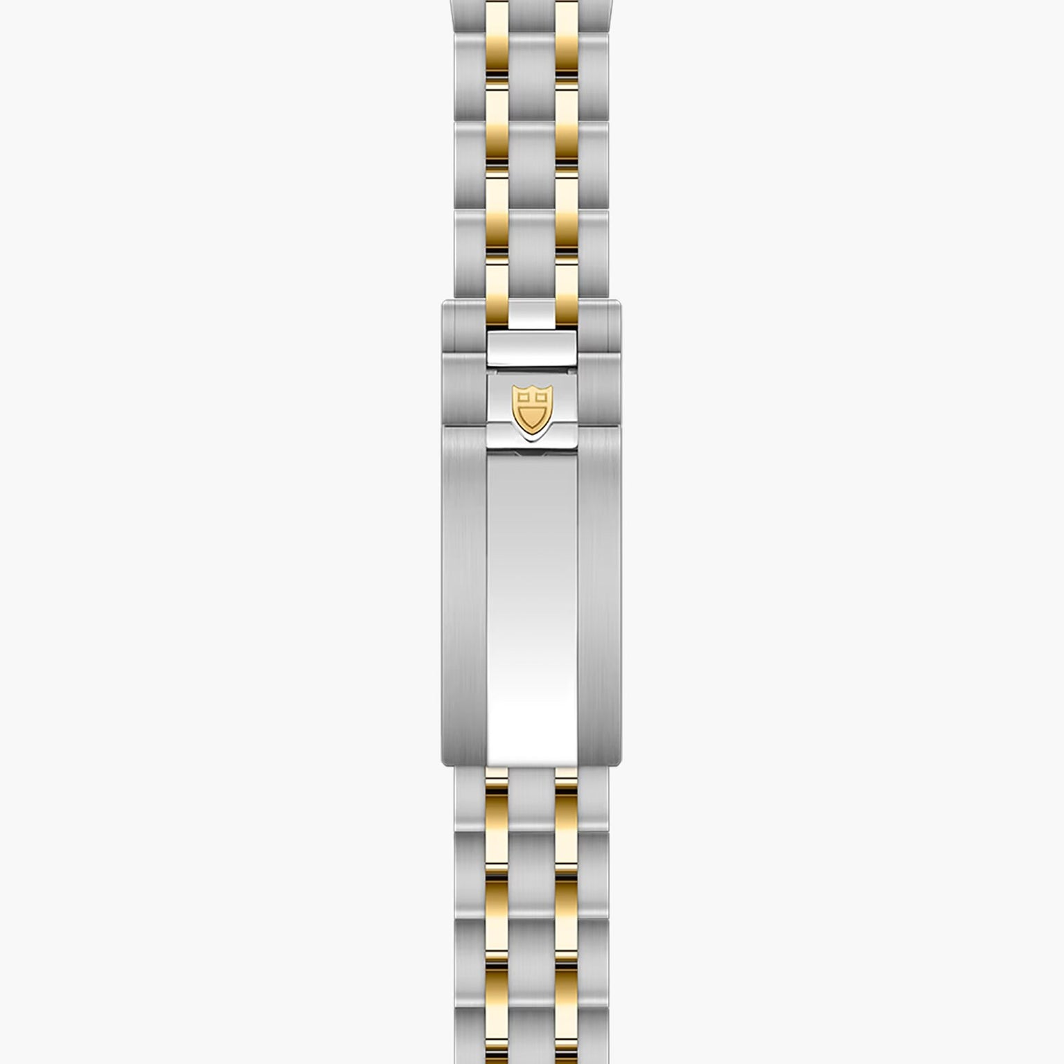 Two-tone steel and gold watch bracelet with shield logo clasp, laid flat vertically.