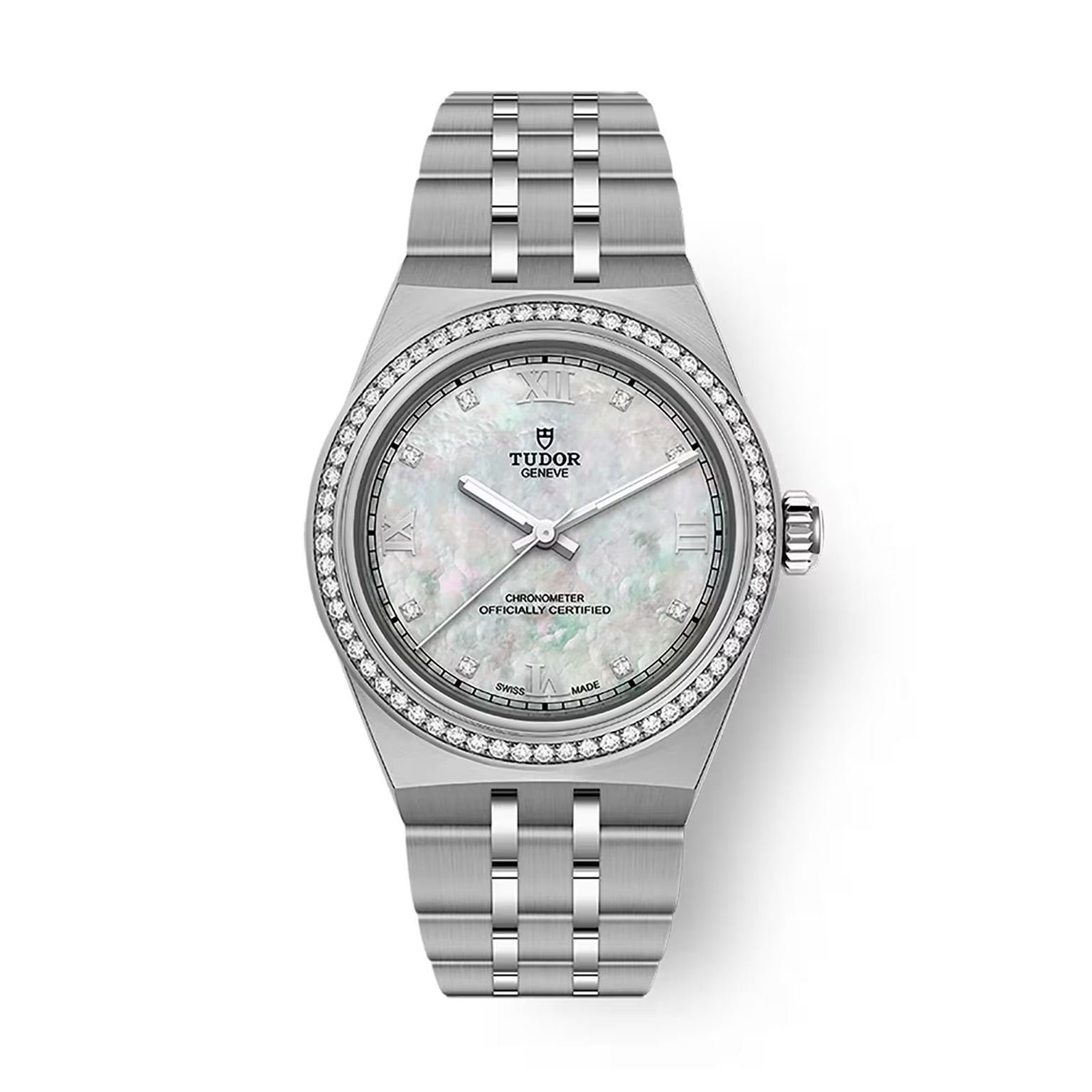 TUDOR Royal stainless steel watch with mother-of-pearl dial, diamond bezel, and integrated bracelet.