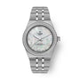 TUDOR Royal stainless steel watch with mother-of-pearl dial, diamond bezel, and integrated bracelet.