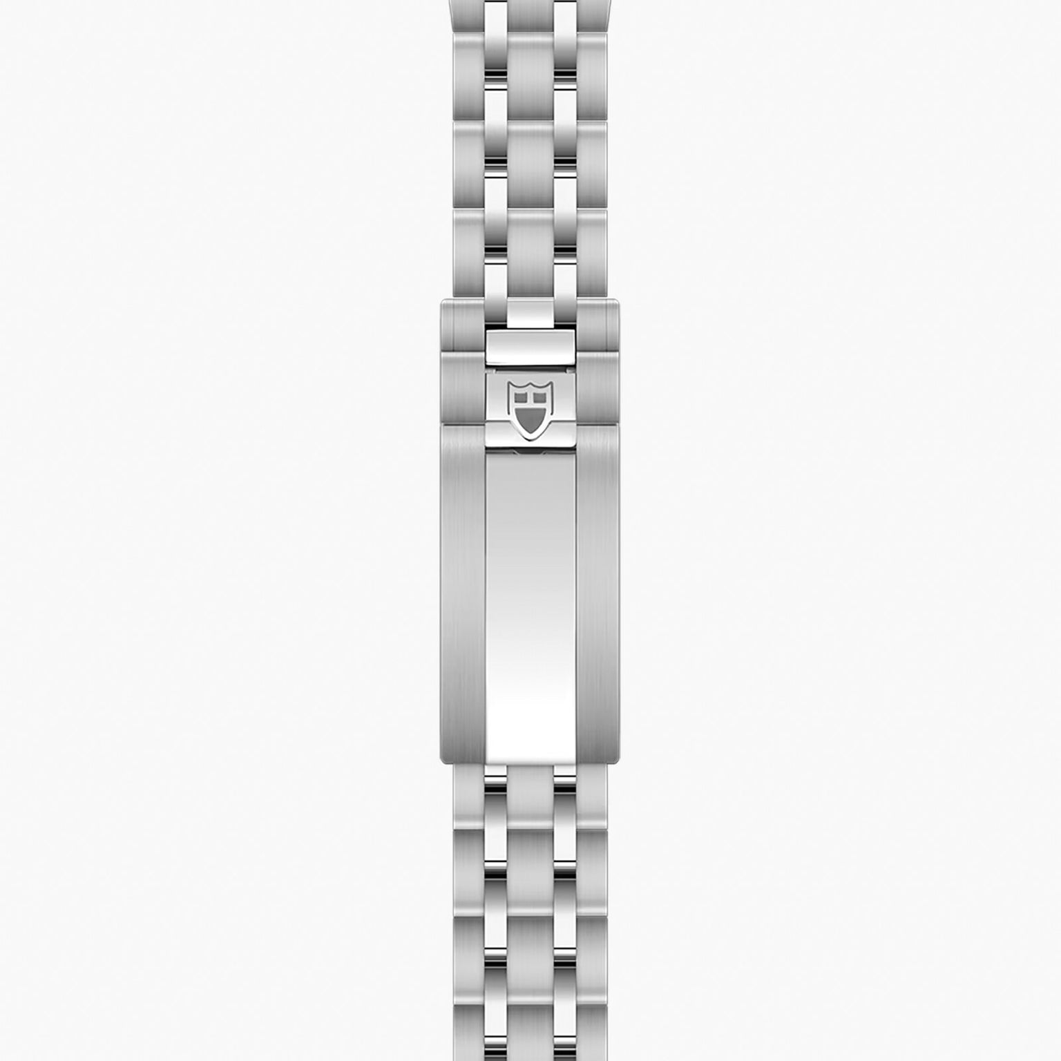 Stainless steel watch bracelet with five-link design and shield logo clasp.