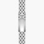 Stainless steel watch bracelet with linked segments and shield-shaped clasp logo.