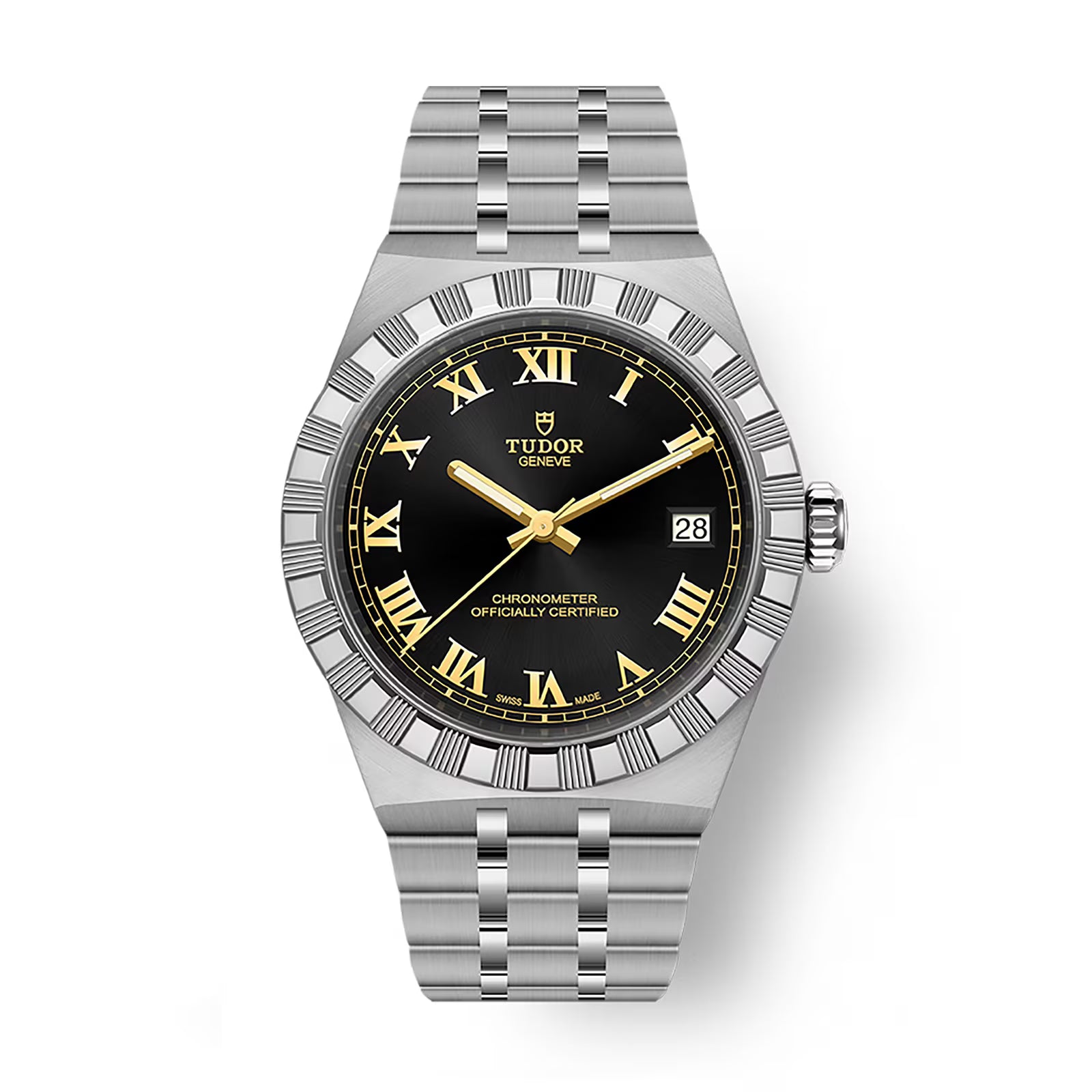 TUDOR Royal watch with black dial, gold Roman numerals, date window, and stainless steel bracelet.