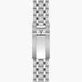 Stainless steel watch bracelet with linked segments and shield logo on center clasp.