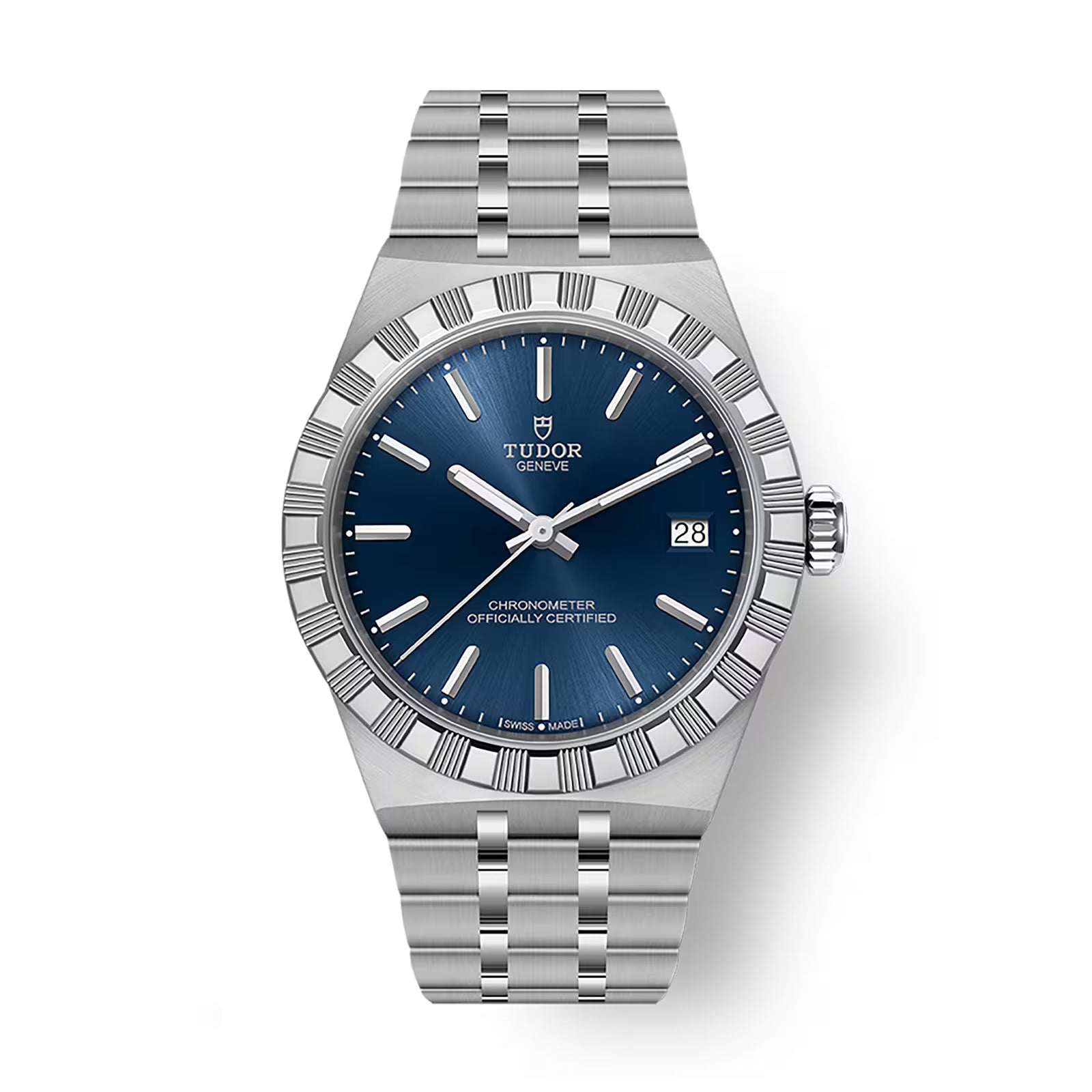 Steel watch with blue dial, white hour markers, date window, and matching steel bracelet.