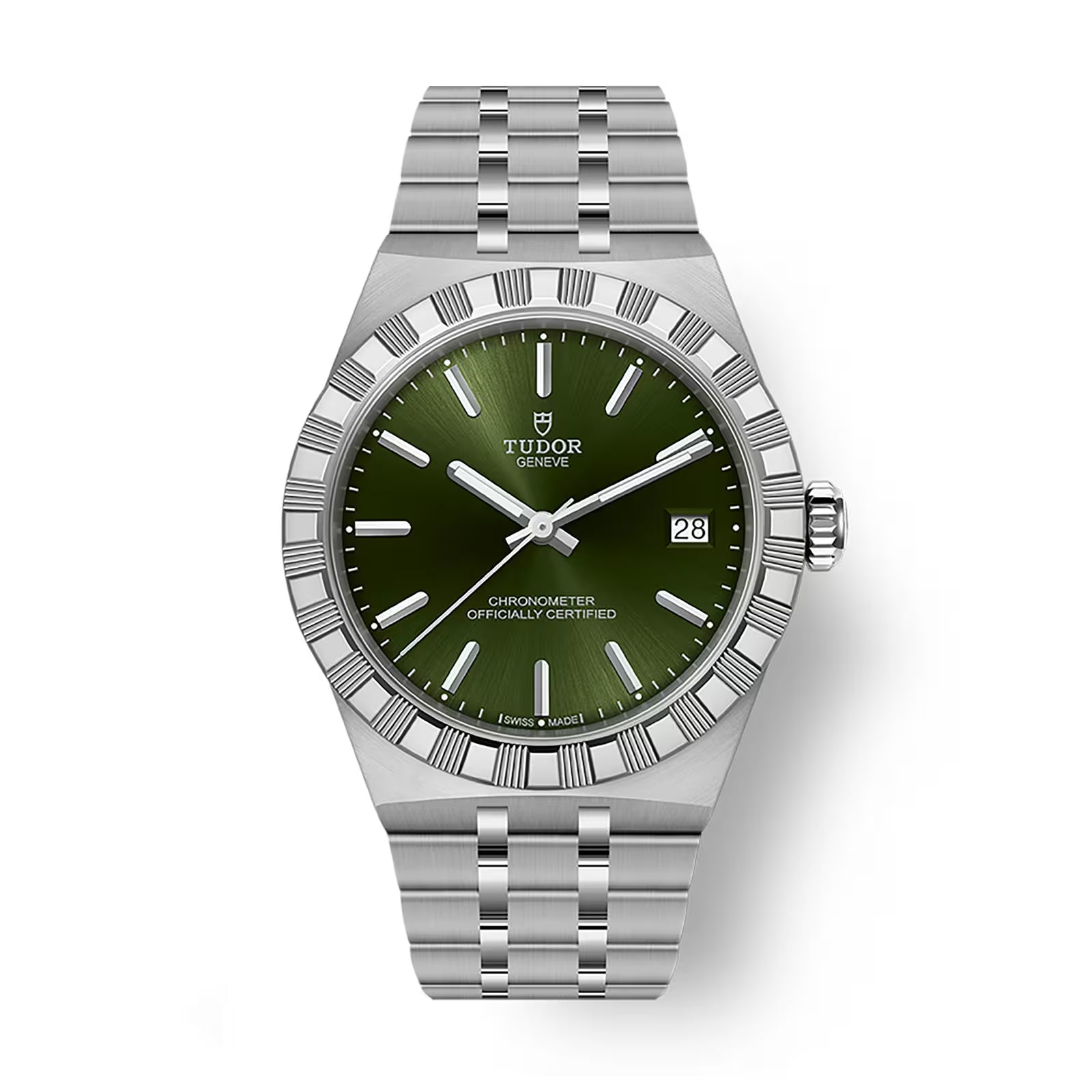 TUDOR Royal stainless steel watch with green dial, date window, and matching bracelet.