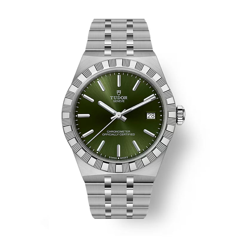 TUDOR Royal stainless steel watch with green dial, date window, and matching bracelet.