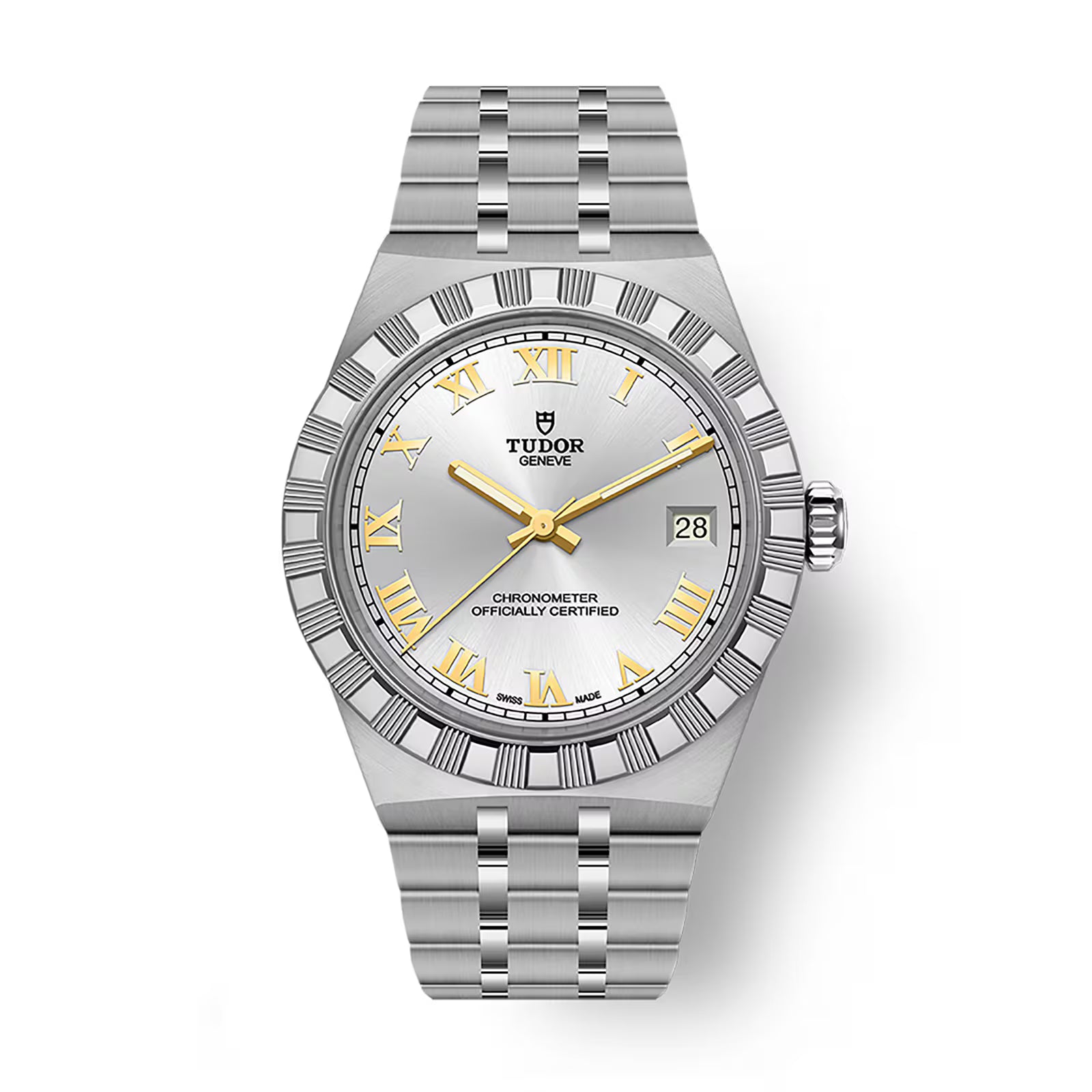 Steel watch with silver dial, gold Roman numerals, gold hands, date window, and textured bezel on linked metal bracelet.
