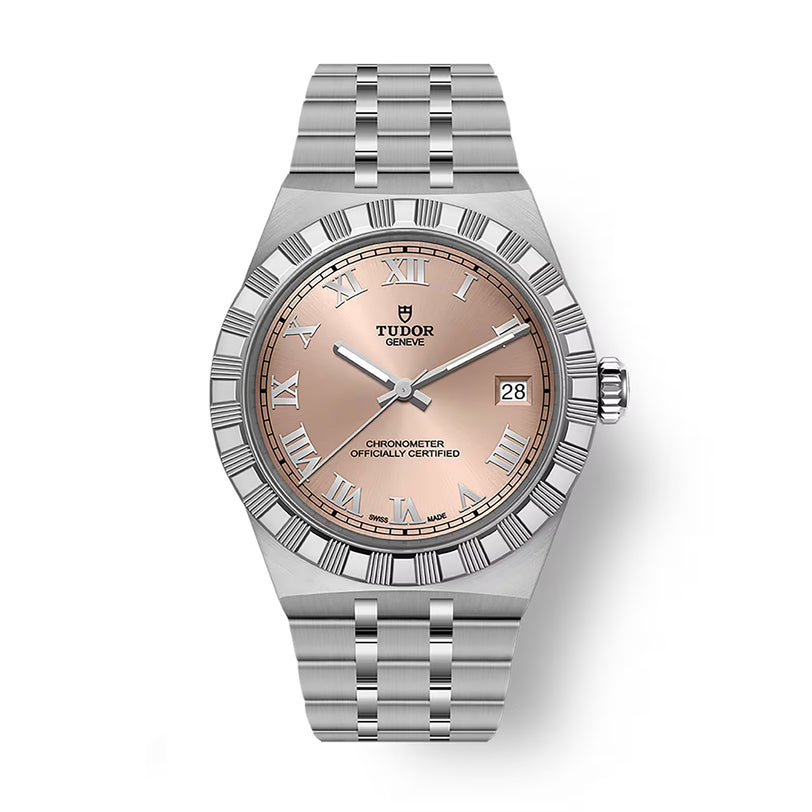 Steel TUDOR Royal watch with rose dial, Roman numerals, date window, and integrated steel bracelet.