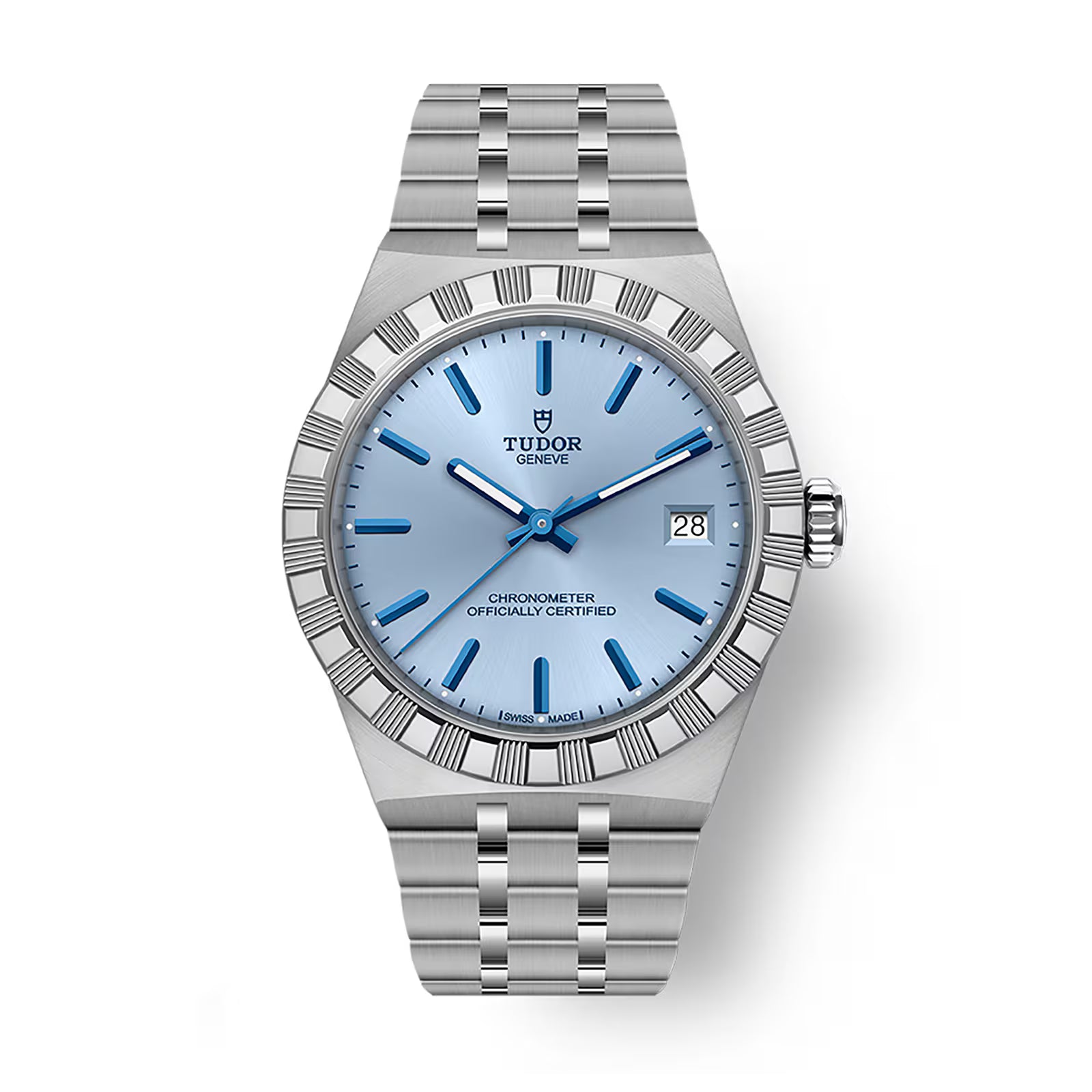 Steel TUDOR Royal watch with light blue dial, blue hour markers and hands, date window, and matching steel bracelet.