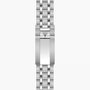 Stainless steel watch bracelet with polished and brushed links and shield-shaped clasp.