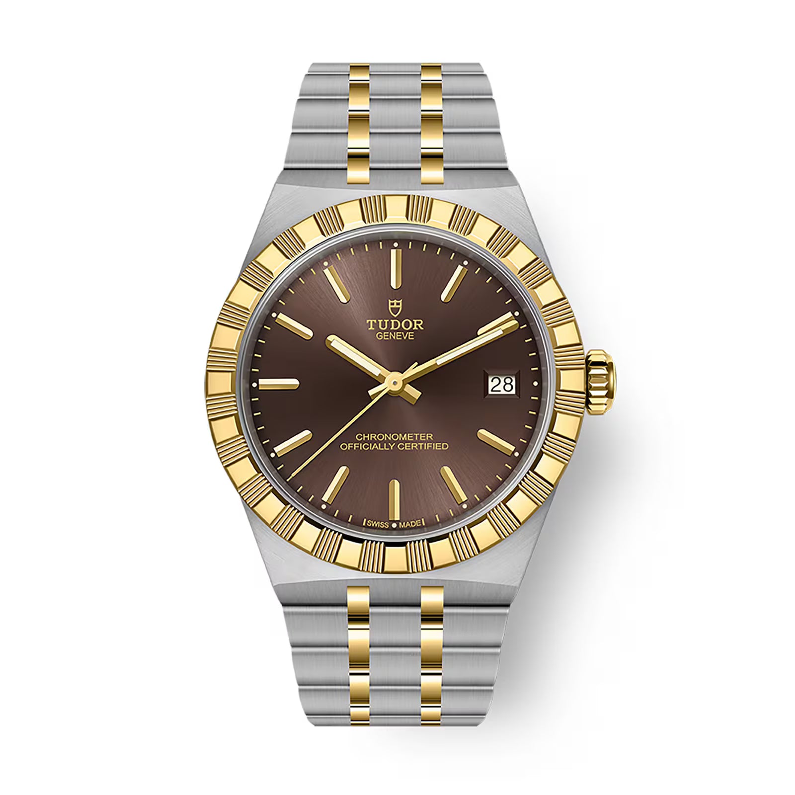Two-tone stainless steel and gold watch with brown dial, date window, gold hour markers, and matching bracelet.