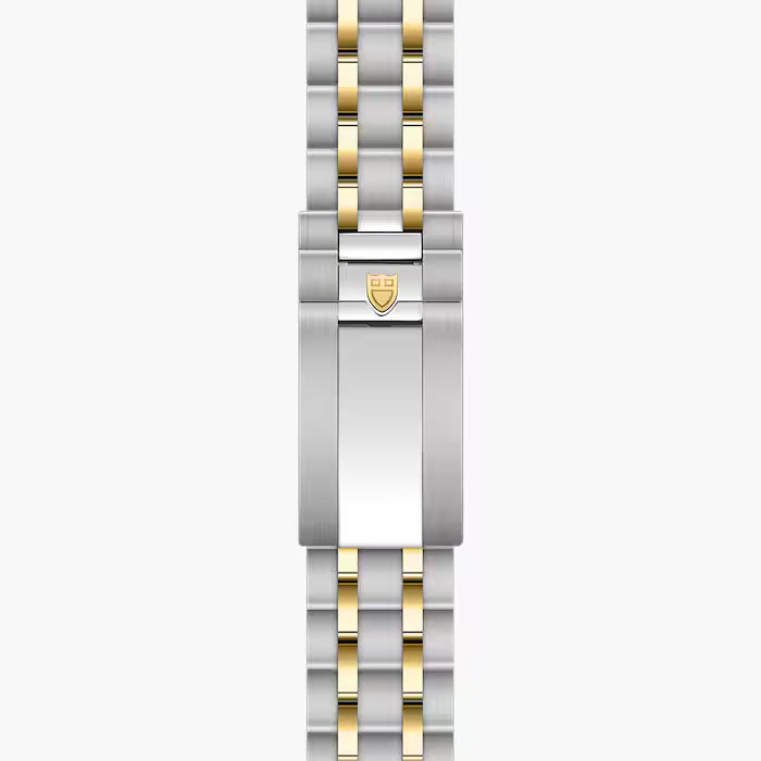 Two-tone stainless steel and gold bracelet with shield emblem clasp for TUDOR Royal watch.