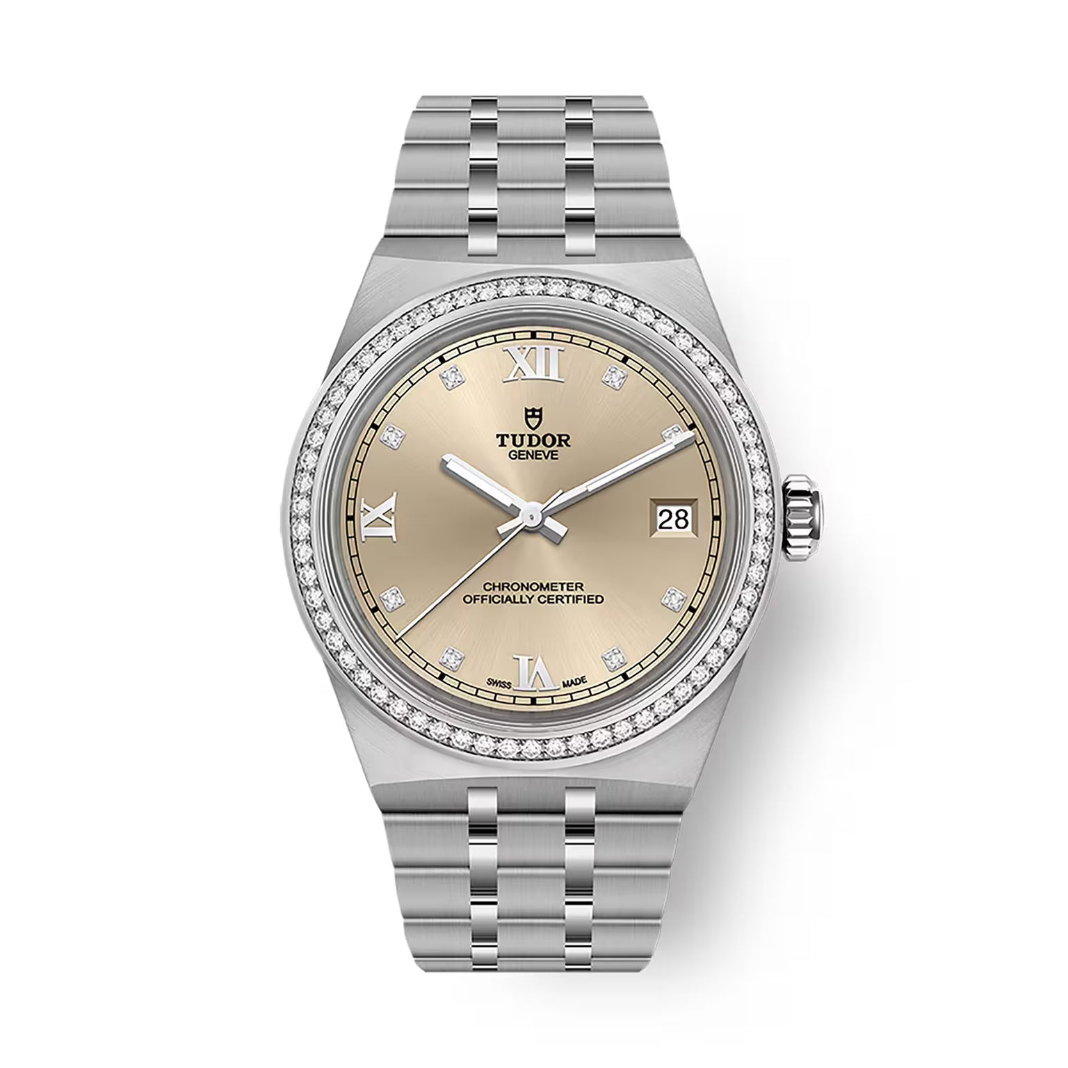 Steel watch with champagne dial, diamond bezel, date window, and steel bracelet.