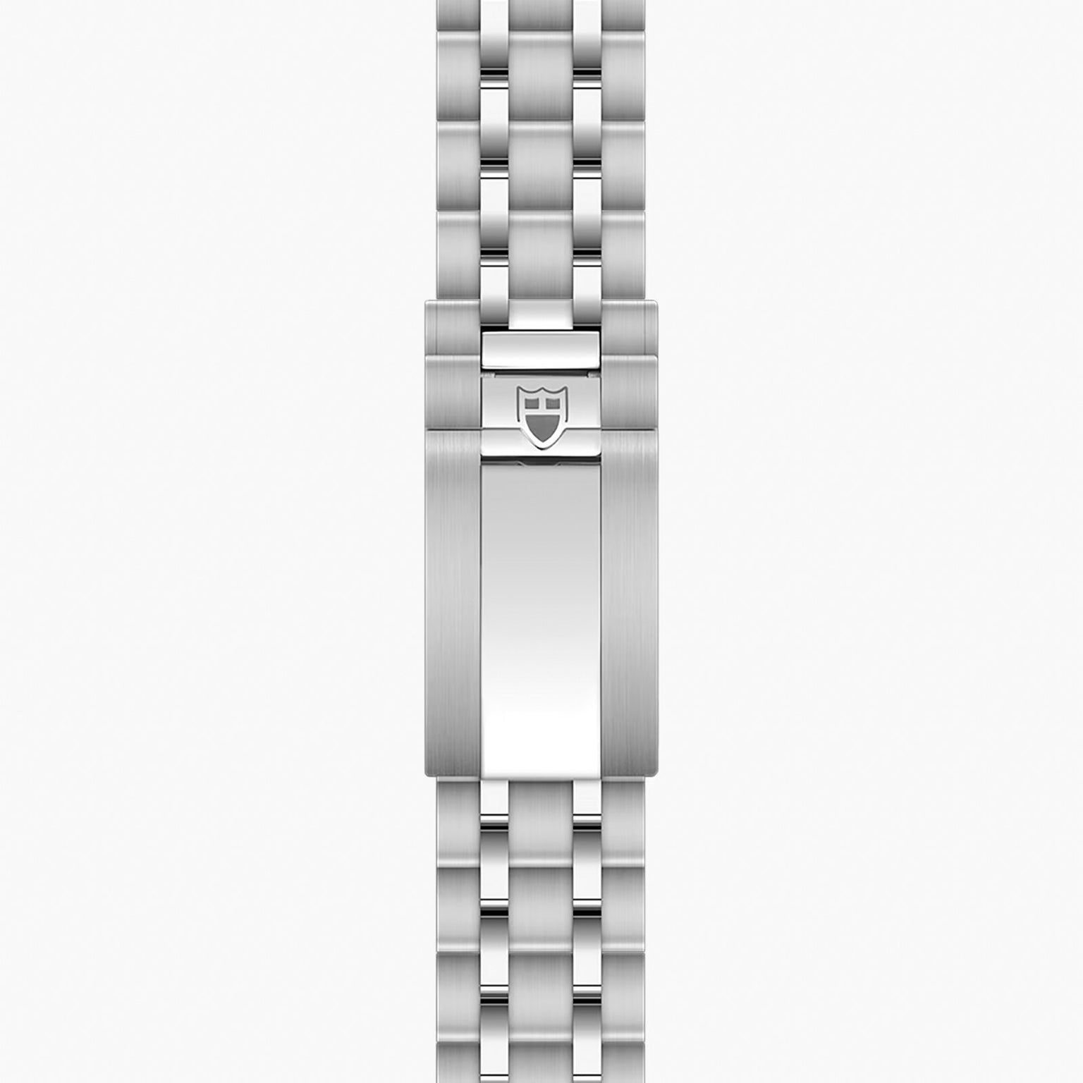 Stainless steel watch bracelet with five-link design and shield logo clasp.