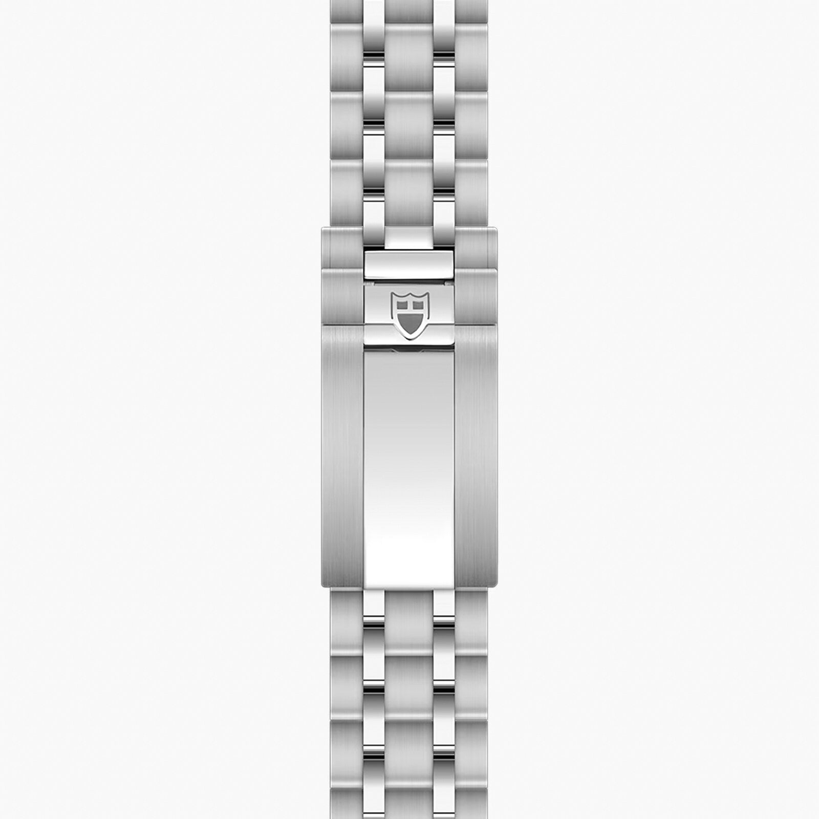 Stainless steel watch bracelet with five-link design and shield logo clasp.