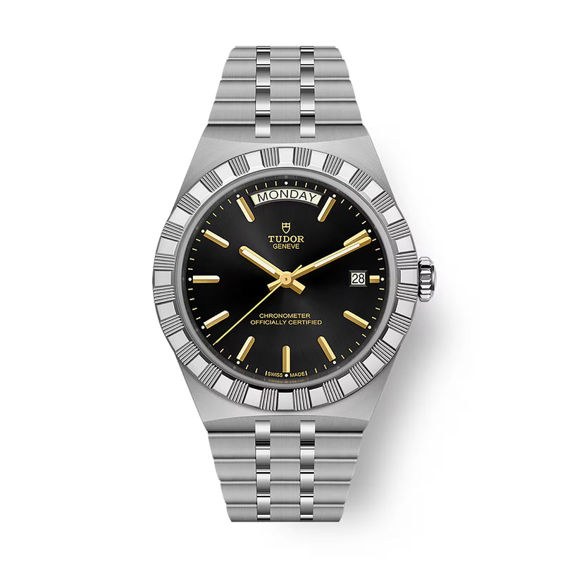Steel watch with black dial, gold-tone hands and hour markers, day-date window, textured bezel, and integrated bracelet.