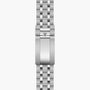 Stainless steel watch bracelet with polished and brushed links, shield-shaped logo clasp, full length displayed.